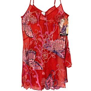 Shirley of Hollywood Chemise Womens Medium Red Silk Sheer Butterfly Floral Set